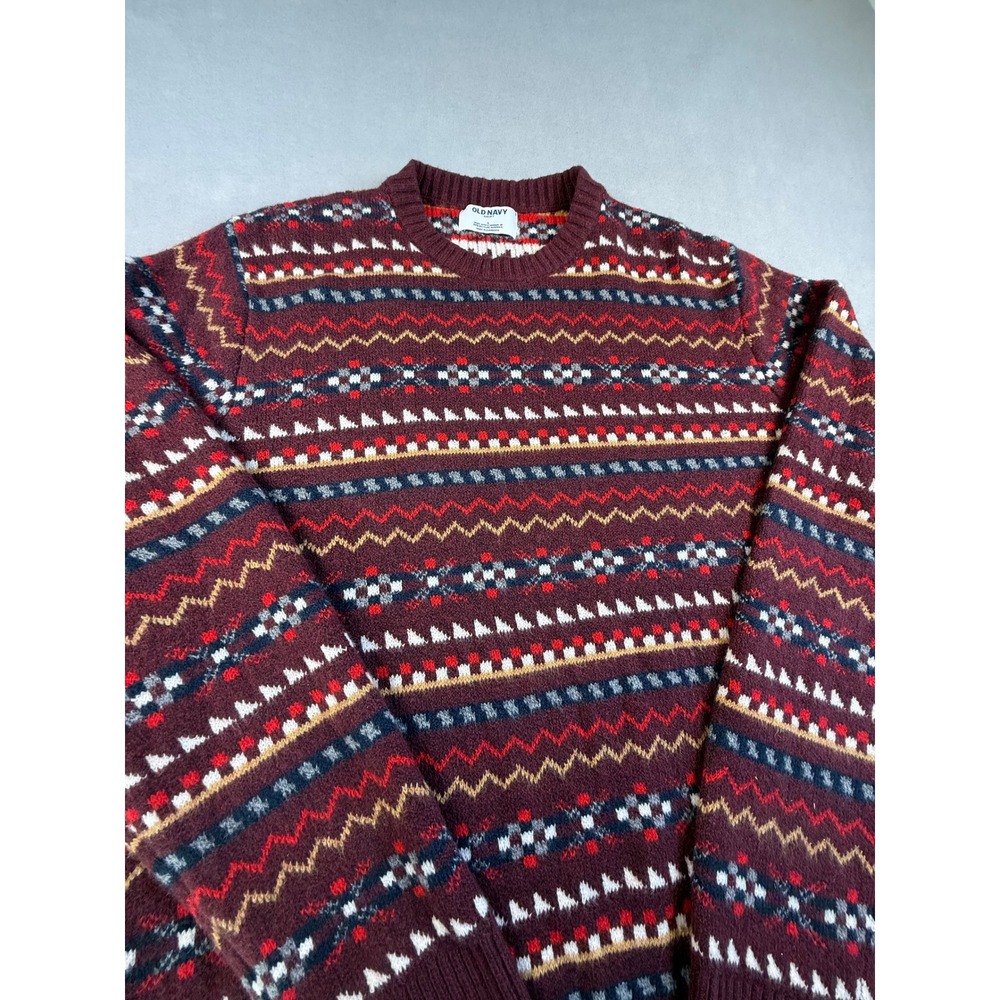 Old Navy Mens SoSoft Fair Isle Crewneck Sweater Burgundy Maroon Geometric Large